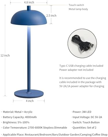 12" Cordless Table Lamps Set of 2, Blue Modern Portable Desk Lamp