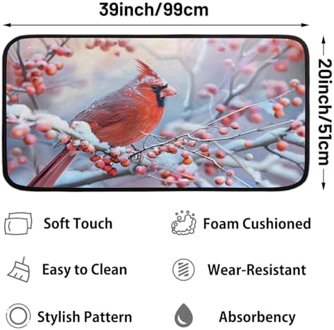 Kitchen Mats, Christmas Cardinal Kitchen Rugs, Cushioned Anti Fatigue Kitchen Mats, Non-Slip Standing Desk Mat, Absorbent Kitchen Rug for Floor, Kitchen, Office, Sink, 20"×39"