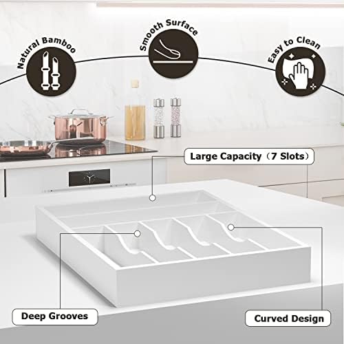 Utensil Organizer Silverware Drawer Organizer - 7 Slots Bamboo Cutlery Organizer Multi-Purpose Silverware Divider for Kitchen Flatware, Hair Accessories, Repair Tools, Art Set W13”x L17” (White)