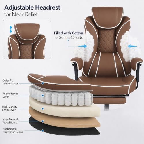 DJ·Wang Big and Tall Office Chair 400lbs, Executive Office Chair with Foot Rest Brown PU Leather