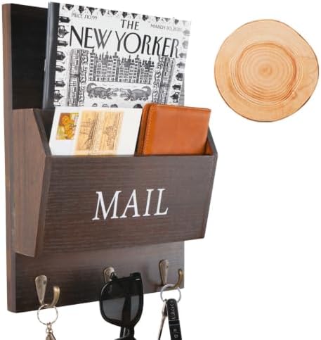 DLQuarts Solid Wood Mail Organizer with Key Holder for Wall, Mail Sorter Wall Mounted, Decorative Wooden Key and Mail Holder with 3 Hooks, Dark Walnut