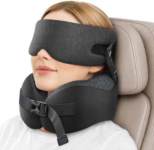 Travel Pillow for Long Flight Airplanes, Head Strap with Soft Eye Mask for Sleep, Memory Foam Travel Neck Pillow for Car Trip Essential, 360° Headrest Support to Stop Head Bobbing, EVA Case, Grey