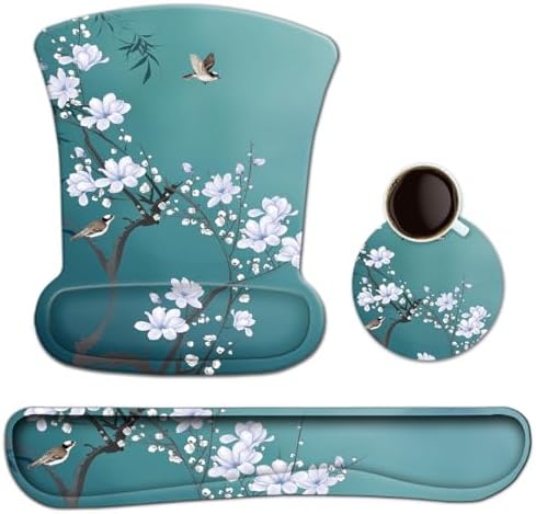 Ergonomic Memory Foam Keyboard Mouse Pad Set with Rest Wrist Cushion Support for Laptop/Notebook/Desktop/Computer/Gaming/Home/Office/Desk, Comfortable & Lightweight (Birds & White Flowers)