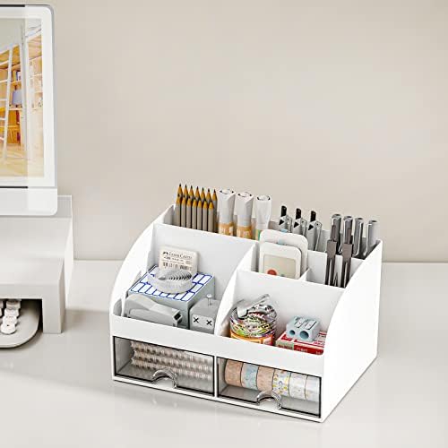 COMFYROOM Desk Organizer with 6 Compartments and 2 Drawers, Plastic Makeup Organizer, Pen Holder for Desktop Storage, Desk Organization for School, Home, Office Supplies (White)