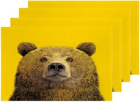 Shrahala Cute The Bear in Mineral Yellow Placemats, Bear Face Yellow Background Table Mat Linen Burlap Washable Double-Deck Heat Insulation for Dining/Kitchen Table Set of 4 (12 x 18 inch)