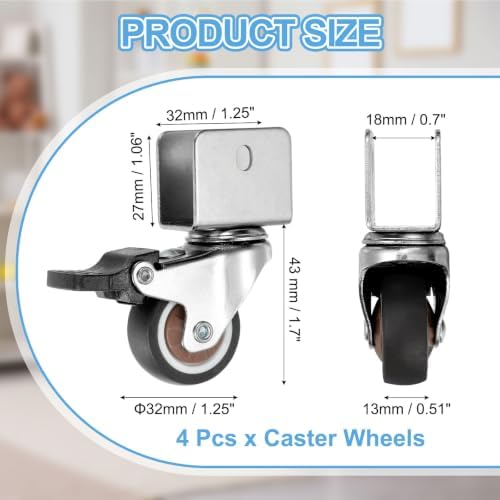 PATIKIL 1.25 Inch Caster Wheels, 4 Pcs Swivel Casters with Break 0.7" U Bracket Opening 55 Lb Capacity Per Caster for Furniture Office Chairs Carts and Cabinets, Brown