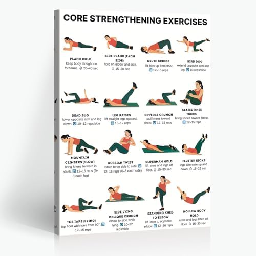 Core Strengthening Workout Poster, 16 Illustrated Abdominal Training Chart with Timing & Rep Guides, Bodyweight Abs & Obliques Exercise Reference for Home Gym Beginner Core Stability Fitness Routine(12x18inchs，Wrapped Framed)