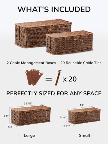 BROWNLILY Cable Management Box, Rattan Style Cord Organizer for Desk Cord Hider Outlet Covers for Power Strip Router Charger Under Desk Storage with Lockable Lid & Cable Ties(Braided Edging,Brown,Set)