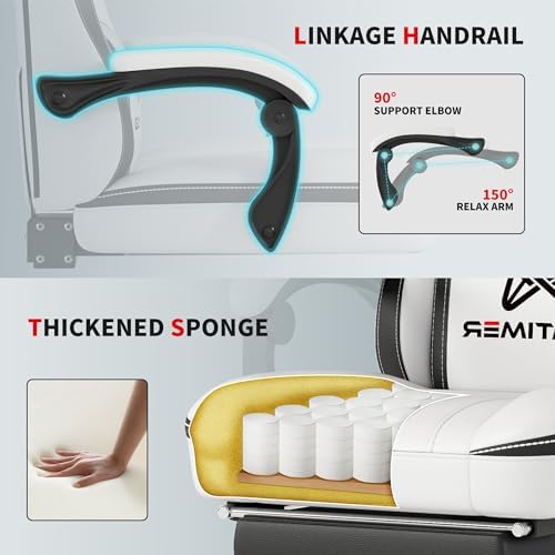 Gamtimer Gaming Chair with Footrest, Ergonomic Computer Chair, PU Breathable Material with Headrest and Lumbar Support, Suitable for Silla Gamer and Adults (White)