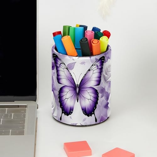 Butterfly Rose Purple Pen Holder Pencil Organizer Cute Pencil Cup Desk Decor Makeup Brush Holder PU Multifunctional Office Supplies for Home Classroom School