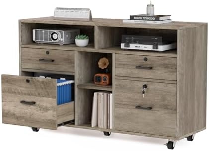 VINGLI Wide 4 Drawer File Cabinet with Lock, Rustic Grey Rolling File Cabinet with Open Shelves, Lockable Printer Stand, Letter Sized