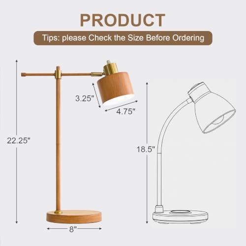 OYEARS 22.2" Mid Century Desk Lamp, Modern Metal Table Lamp with LED Bulb, Adjustable Reading Lamps, Industrial Task Lamp for Home Office, Farmhouse Bedside Lamps with Solid Base, Woodgrain