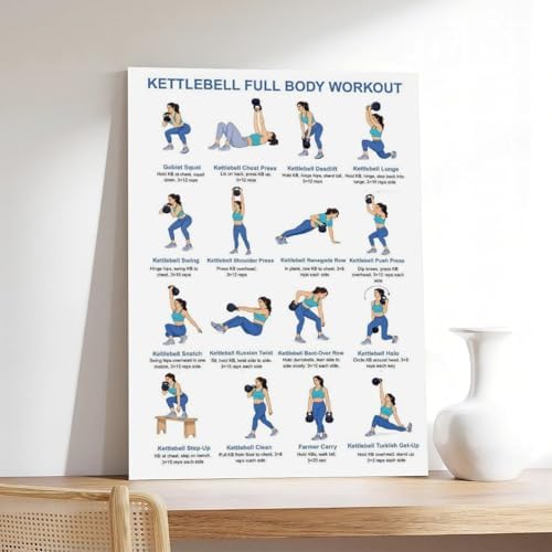 Kettlebell Full Body Workout for Beginners Exercise Chart Home Gym Easy Strength Training Routine Canvas Poster Bedroom Decor Room Decor Frame 12x18inch