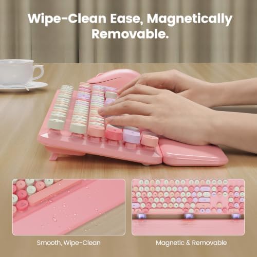 Wireless Keyboard and Mouse Combo, Magnetic Wrist Rest, Round Keycaps, Pink