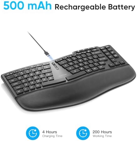 OMOTON Ergonomic Wireless Split Keyboard Compatible with Windows only, Cushioned Wrist Rest, Rechargeable, USB Connectivity, 2.4G Membrane Silent Keyboard, Classic Black