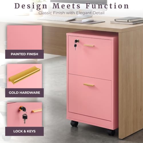 Lavish Home 2-Drawer Wooden File Cabinet with Lock, Pink, 16” x 27”