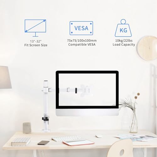 Suptek Single Monitor Arm Desk Mount Fully Adjustable Monitor Stand for 1 / One Screen up to 13" to 32" Extra Tall 15.75 inch Pole,VESA 75x75mm or 100x100mm,White (MD9421W)