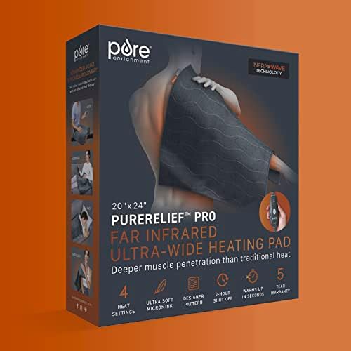 Pure Enrichment PureRelief Pro Far Infrared Ultra-Wide Heating Pad - Muscle Relief for Back, Neck, Shoulder, & Knee Pain in Athletes, 4 Heat Settings, Dry/Moist Heat, 20” x 24” Wide Size (Iron Gray)