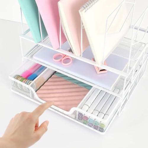 Desk Organizers and Accessories, 2-Tier Desk Organizer with Drawer, White