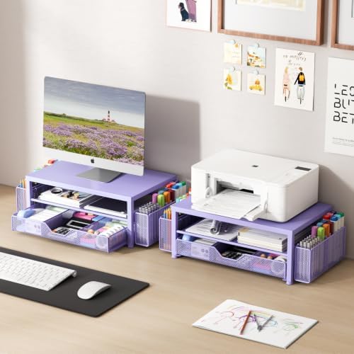 OPNICE Desk Organizers and Accessories, Computer Monitor Stand Riser with Drawer and 2 Pen Holders, Printer & Laptop Stand, Office Desk Accessories & Workspace Organizers for Home Office Supplies, Metal Purple