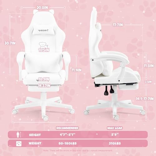 Vigosit White Dog Gaming Chair - Kawaii Design for Competitive Gamers & Adults, Ergonomic High Back with Lumbar Support, 310lbs Capacity