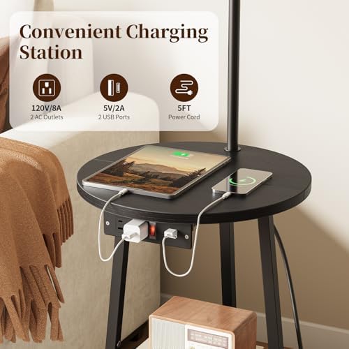 Yoobure Floor Lamp with Table - Farmhouse Night Stand with Charging Station