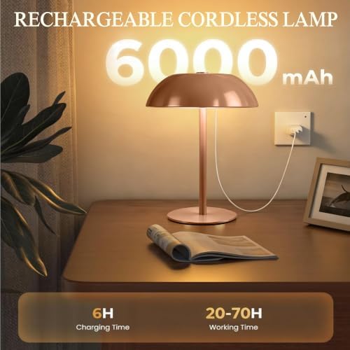 Portable LED Mushroom Table Lamp, 24H Cordless Metal Night Light with Rechargeable Battery, Stepless Dimmable 3 Colors Desk Lamp for Bedroom Bar Coffee Shop(Camel)