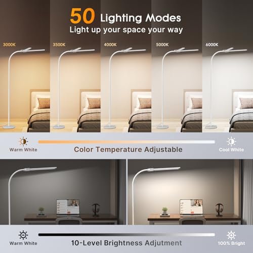 Syrinx LED Floor Lamp, 18W 2000LM Bright Reading Floor Lamp, Dual Head Gooseneck Standing Lamp, Smart Motion Sensor, Remote Control, Dimmable Brightness & Color Temp, for Living Room Bedroom Office