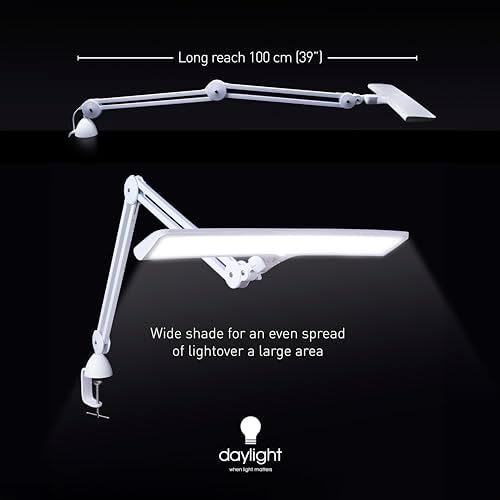Daylight Company Lumi Task Lamp,+95 CRI, 4000 Lux,Craft Light, Super Bright Desk Lamp, Touch Dimmable, 2 Brightness Levels, Ideal Table Light, Drawing Lamps - Metal - 15 W