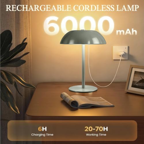 Portable LED Mushroom Table Lamp, 24H Cordless Metal Night Light with Rechargeable Battery, Stepless Dimmable 3 Colors Desk Lamp for Bedroom Bar Coffee Shop(Green)