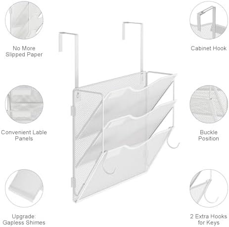 BOHDK Wall File Organizer, Hanging File Folder Organizer, Vertical Mesh Metal Door/Wall Mount Hanging File Holder. Paper Document Magazine Rack with Hooks for Home Office Black (3 Pockets White)