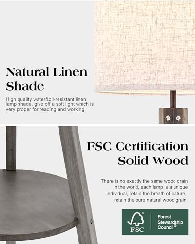 ELYONA Farmhouse Wood Tripod Floor Lamp with Table, Modern Reading Standing Lamp with 3 Color Temperatures LED Blub & Linen Shade, Shlef Coner Light for Living Room, Bedroom, Study Room, Office, Grey