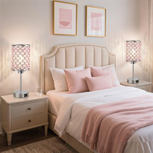 GyroVu Pink Crystal Bedside Table Lamps Set of 2 with USB C+A Ports
