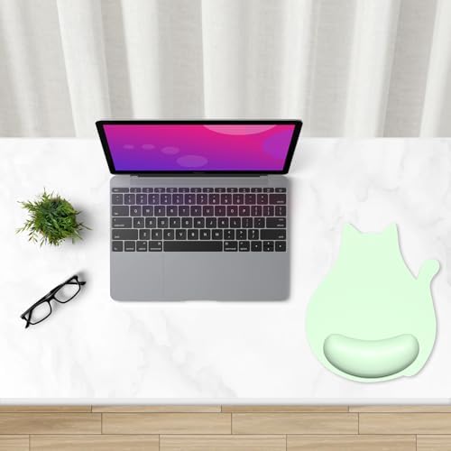 Ergonomic Mouse Pad with Wrist Rest, Cute Cat Memory Foam Padded Pain Relief Non-Slip Wrist Support Mouse Mat for Gaming Work Computer Laptop, Funny Office Supplies Desk Accessory, Lake Green