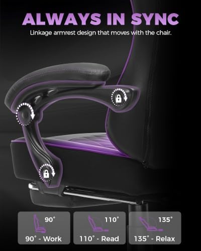 GTPLAYER Big and Tall Gaming Chair with Footrest, Ergonomic Office Desk Chair with 4.4in Thick Cushion and Wide Wingless Seat, Comfortable Leather Computer Chair, Predator Series, Purple Gradient