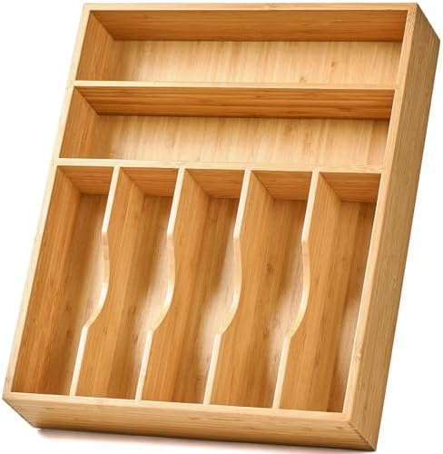 Umilife Bamboo Kitchen Drawer Organizer, 13 Inch Silverware Utensil Tray Holder, Extra Deep Grooved Drawer Divider, 7 Slots Total Bamboo Wood Caddy for Flatware Cutlery Knives, Forks, Spoons