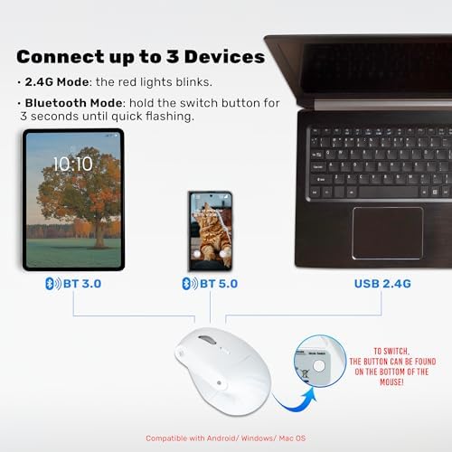 J-Tech Digital Wireless Mouse, Vertical Ergonomic Mouse with 2.4G Wireless & Bluetooth for 3 Multi-Device Function, Adjustable DPI Modes, Compatible with PC, Mac, Laptop - White