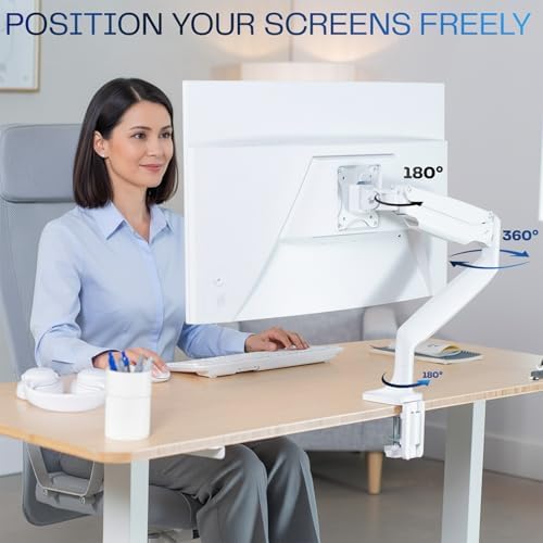 VIVO Premium Aluminum Height Adjustable Single Monitor Articulating Desk Mount Stand with Pneumatic Arm, Fits up to 32 inch Screen, White, STAND-V001QW