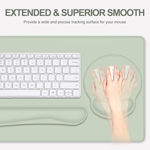 4 PCS Mouse Pad Desk Mat Protector, Keyboard Wrist Rest + Comfortable Mouse Pad with Wrist Rest +Coaster, Large Gaming Mousepad for Computer Laptop, 35.4"X 15.7" Deskpad for Office Home I Bean Green