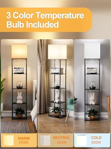 Large Floor Lamp with Shelves, 5-Tier Tall Floor lamp with for Living Room, Shelf Floor Lamp with 3 CCT LED Bulb, Corner Display Standing Column Lamp, Etagere Organizer Tower Nightstand for Bedroom
