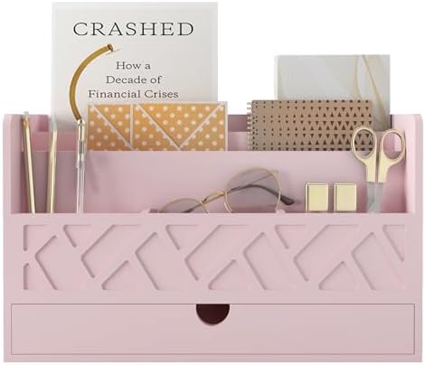 Wisuce Bamboo Mail Organizer with Drawer, Countertop Desk Organizer (Pink)