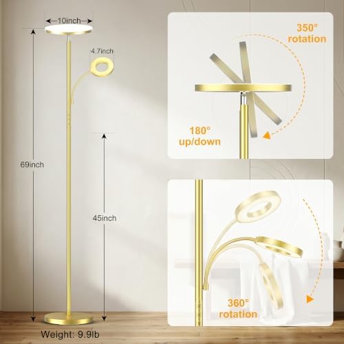 marctronic Polished Gold Floor Lamp, 42W 4000LM Premium Brightness, Luxury Decor Finish & Smart Plug Compatible, Touch Control Dimmable Reading Lamp for Living Room