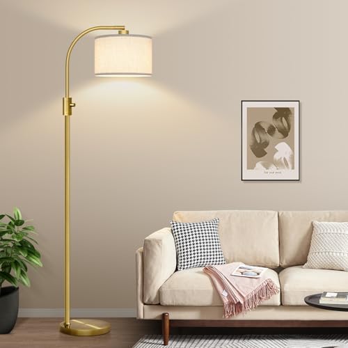 Nintiue Upgraded Modern Arc Dimmable Tall Standing Floor Lamp with Linen Shade, 1200 Lumens LED Bulb Included, for Living & Reading Room, Bedroom, Office & Nursery, Brass