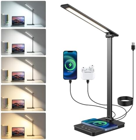 LED Desk Lamp, USB Charging Port Touch Control for Home Office 5 Color Modes with Timer,Adjustable Arm,Wireless Charging, 10 Dimmable Eye-Caring Table Light with Data Cable for Work Study