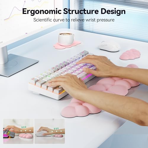 TECKNET Cloud Keyboard Wrist Rest Set, Cloud Wrist Rest with Non-Slip Base, PU Leather Wrist Pad for Keyboard with Ergonomic Memory Foam for Computer Laptop Office Gaming and Pain Relief, Light Pink