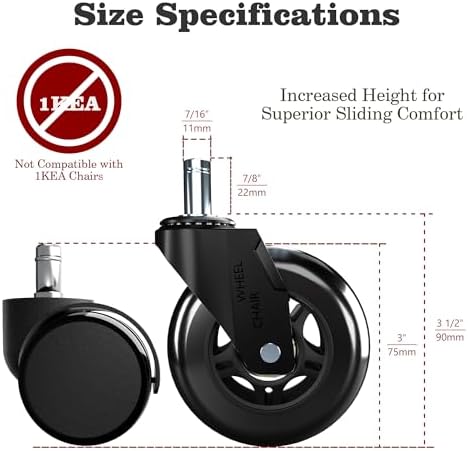 Office Chair Wheels Replacement,3" Chair Casters 7/16" Stem,Universal fit for Most Rolling/Gaming Chairs,Floor Protection for Carpet/Hardwood/Tile,Smooth&Quiet Rolling,Set of 5