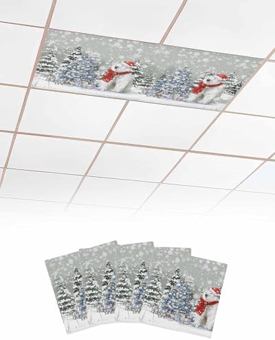 Gray Christmas Magnetic Fluorescent Light Covers for Ceiling Lights 2 x 4 Feet,Snowflakes Retro Snowy Xmas Tree Bear Office Classroom Kitchen Drop Ceiling Light Covers Filters Shade Panel 4 Packs