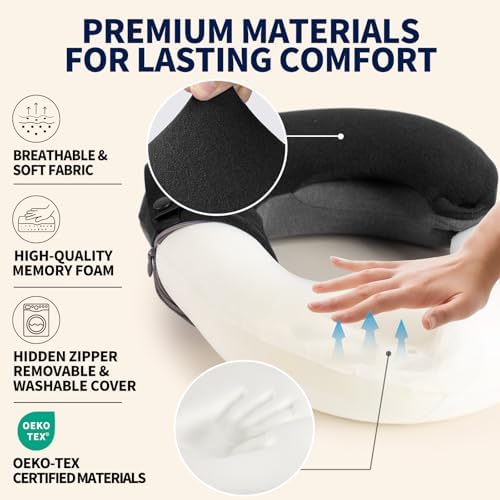 BUYUE Kids Travel Pillows for Airplane, Memory Foam 360° Head Support Sleeping Essentials for Long Flight, Skin-Friendly Soft Neck Pillow for Traveling in Car Seat, (Small, Black Grey, 40-90 lbs)