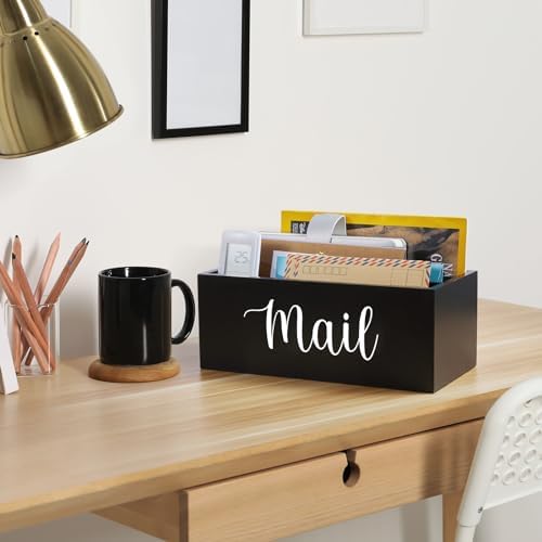 DRASTAR Mail Organizer Countertop, Wooden Mail Holder with 3 Slots, Desktop Mail Organizer, Black Mail Sorter for Home Office Accessories