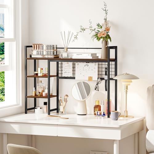 Snughome Desk Shelf, 38.6" Desktop Organizer Shelf, Desk Hutch for Computer Monitor, 4 Tier Desk Display Rack with Pegboard Hooks Set, Wood Desktop Bookshelf for Home Office Dorm